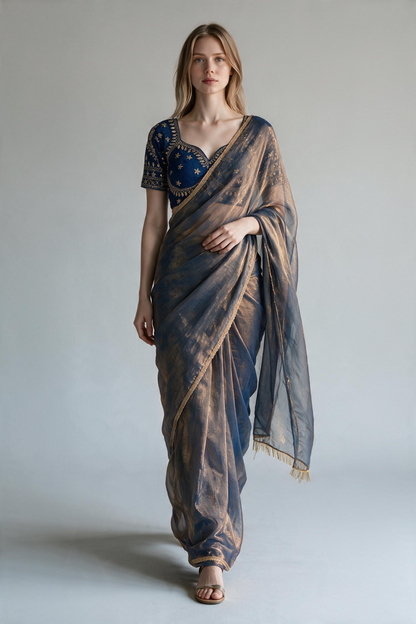 Midnight Blue Shimmer Tissue Organza Saree with Heavy Embroidered Matching Blouse Set