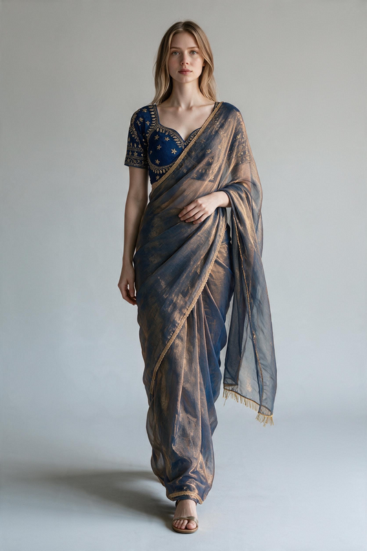 Midnight Blue Shimmer Tissue Organza Saree with Heavy Embroidered Matching Blouse Set