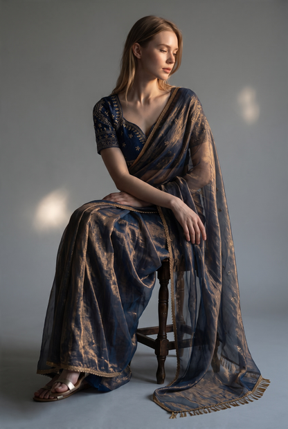 Midnight Blue Shimmer Tissue Organza Saree with Heavy Embroidered Matching Blouse Set