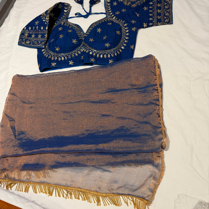 Midnight Blue Shimmer Tissue Organza Saree with Heavy Embroidered Matching Blouse Set