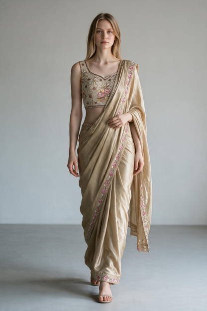 Gold Silk blend Saree with Heavily Beaded Floral Blouse Set