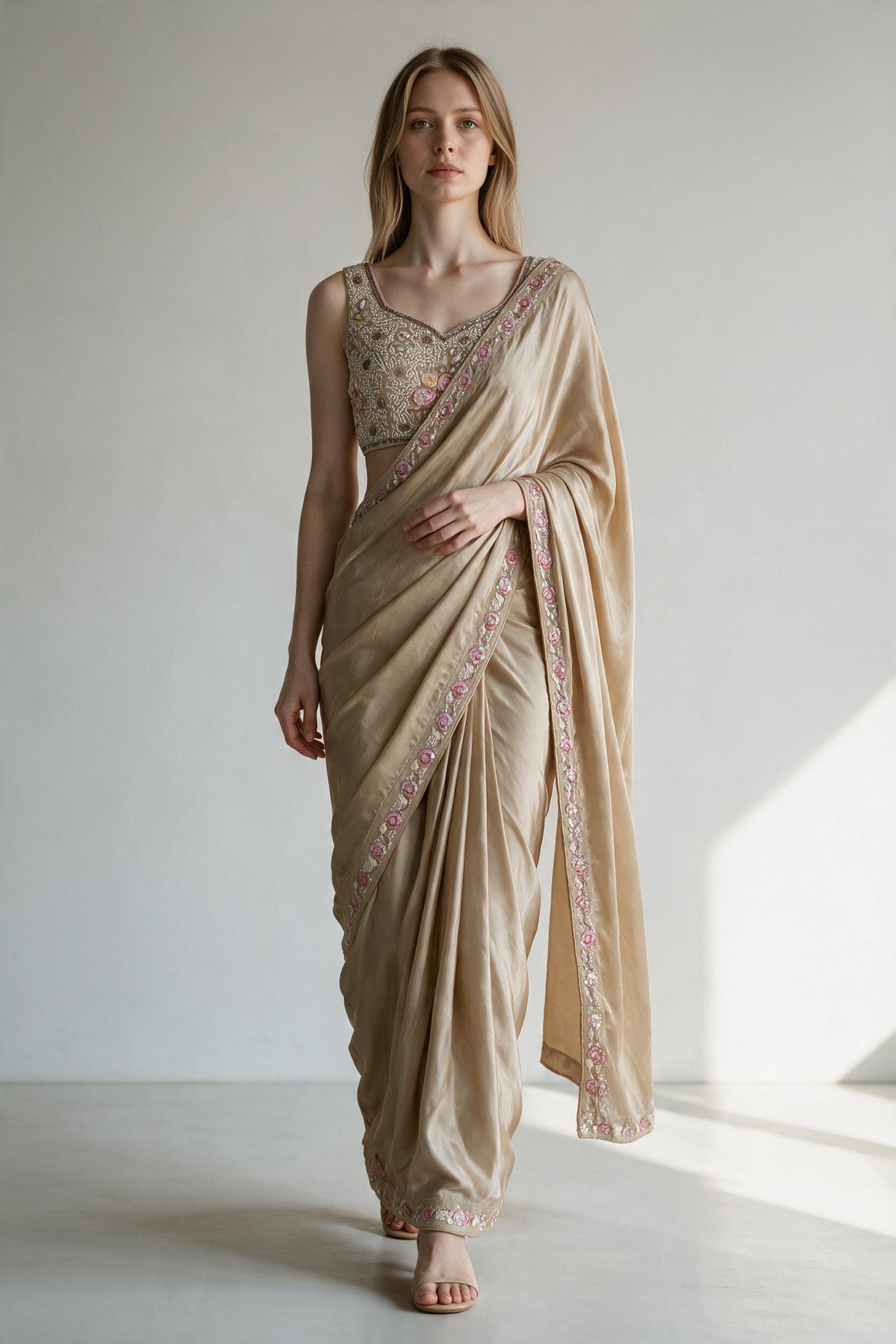 Gold Silk blend Saree with Heavily Beaded Floral Blouse Set
