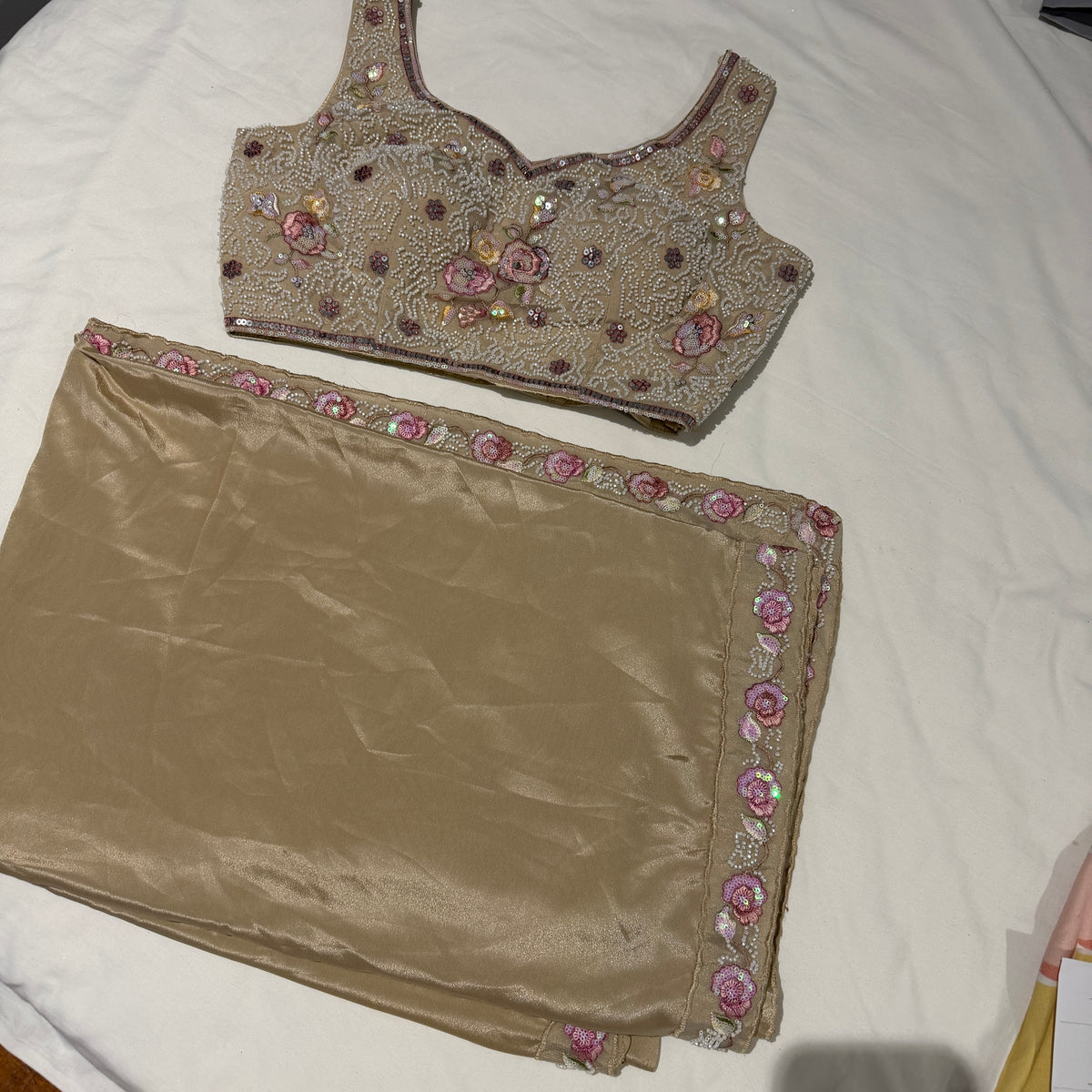 Gold Silk blend Saree with Heavily Beaded Floral Blouse Set