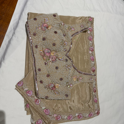 Gold Silk blend Saree with Heavily Beaded Floral Blouse Set