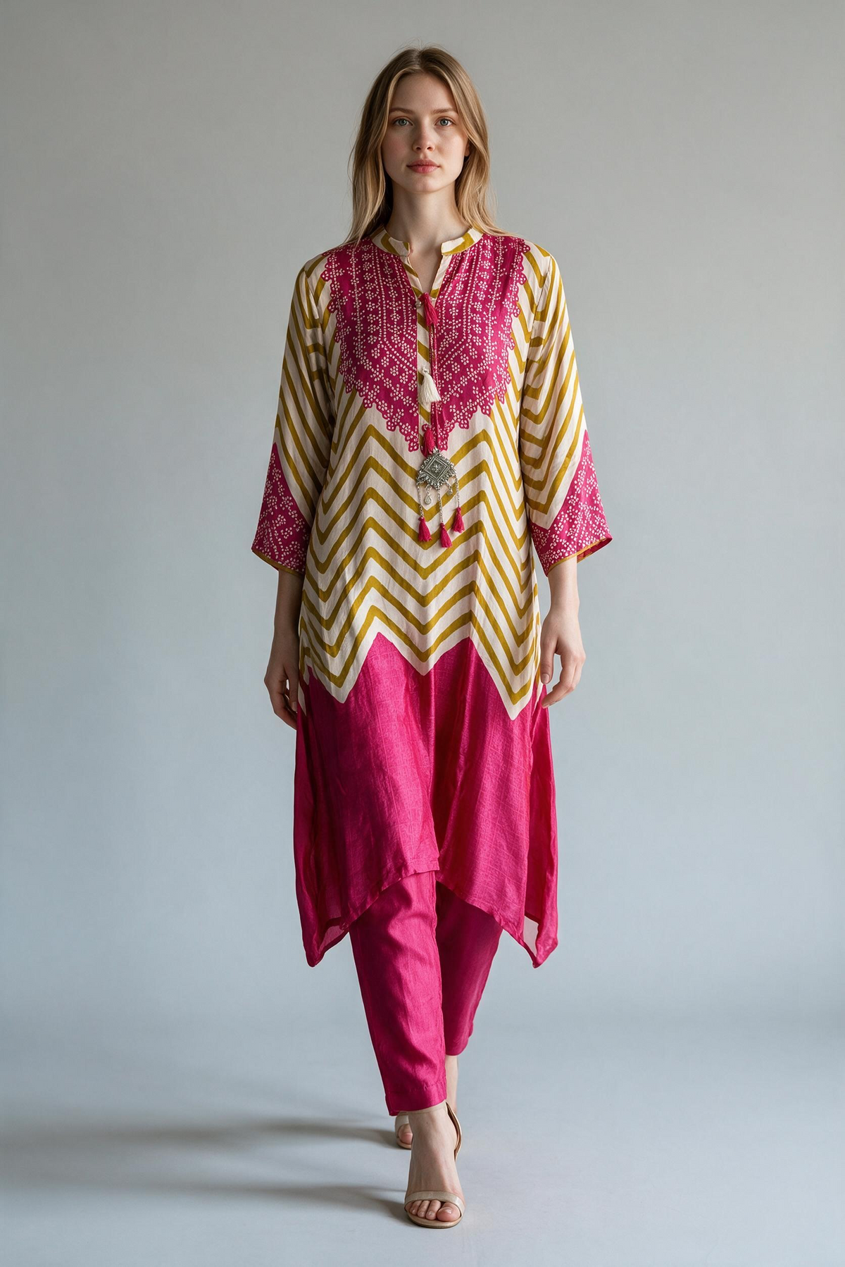 Pink & Gold Chevron Bandhani Print Tunic Pant Set with Tribal Pendant Accent