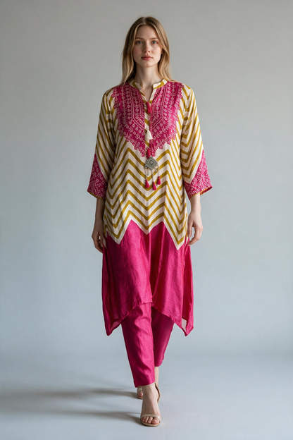 Pink & Gold Chevron Bandhani Print Tunic Pant Set with Tribal Pendant Accent