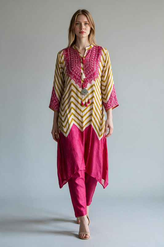Pink & Gold Chevron Bandhani Print Tunic Pant Set with Tribal Pendant Accent