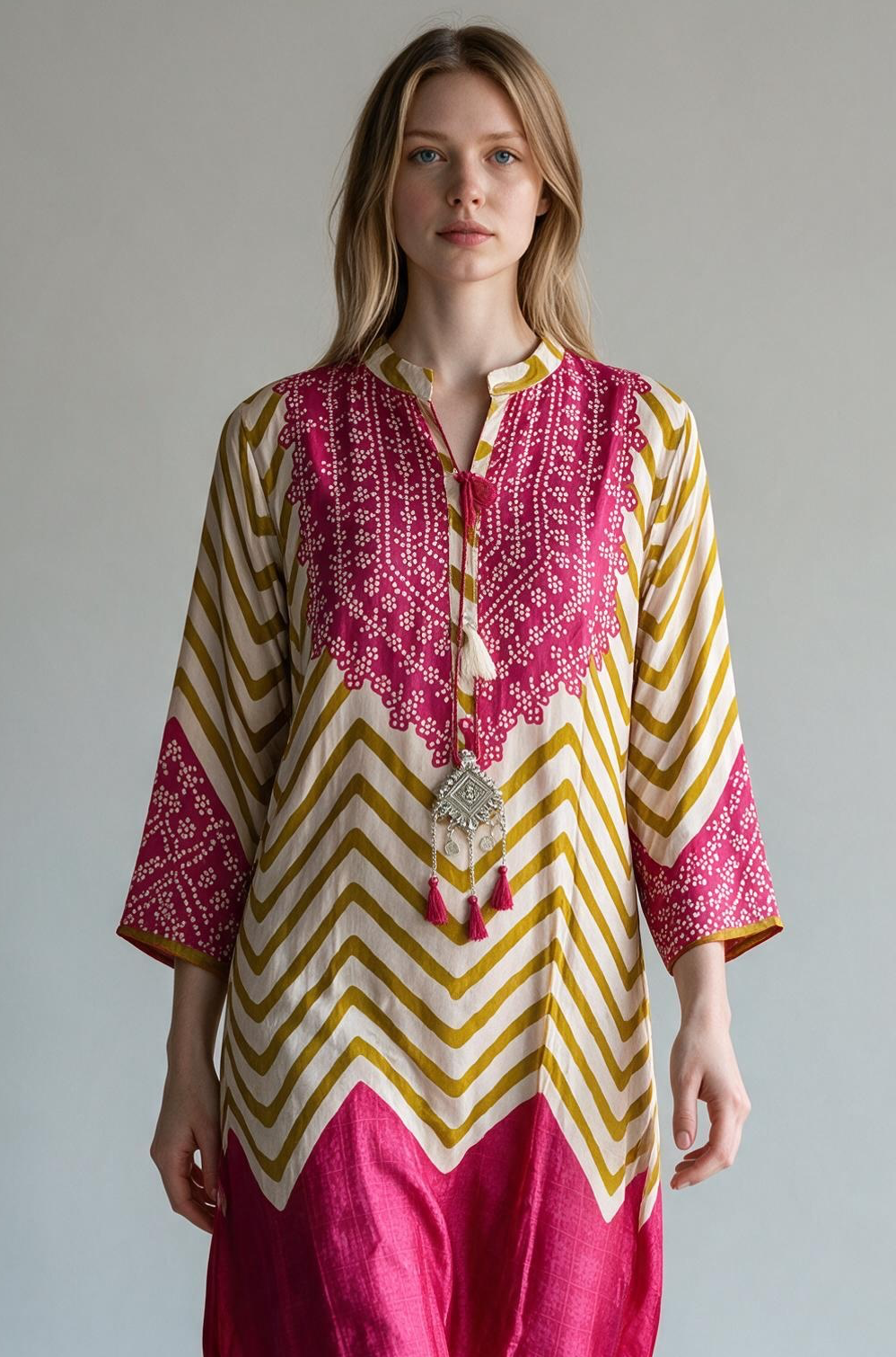Pink & Gold Chevron Bandhani Print Tunic Pant Set with Tribal Pendant Accent