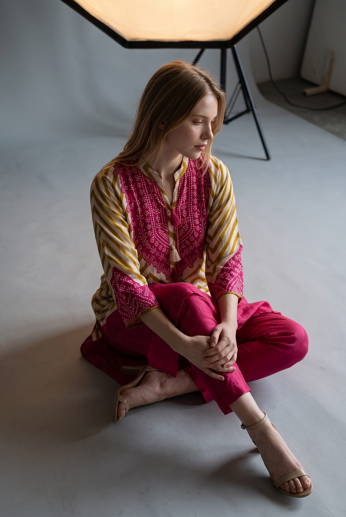 Pink & Gold Chevron Bandhani Print Tunic Pant Set with Tribal Pendant Accent