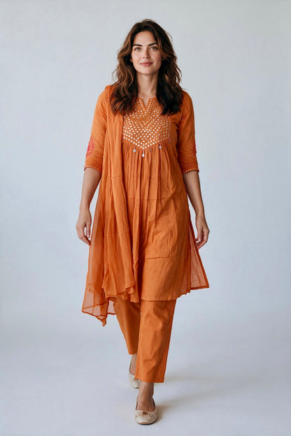 Rust Orange Mirror Embroidered Cotton Kurta Pant Set with Dupatta