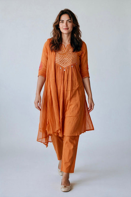 Rust Orange Mirror Embroidered Cotton Kurta Pant Set with Dupatta