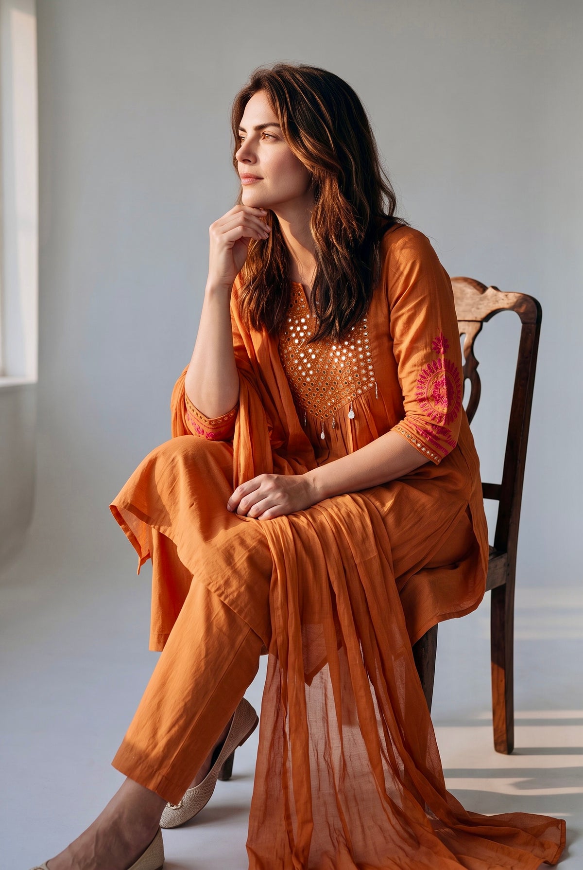 Rust Orange Mirror Embroidered Cotton Kurta Pant Set with Dupatta