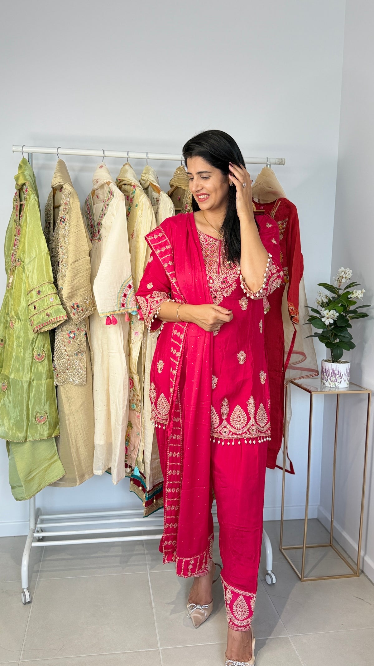 Rani Pink Embroidered Short Kurta Pant Set with Pearl Tassels & Dupatta