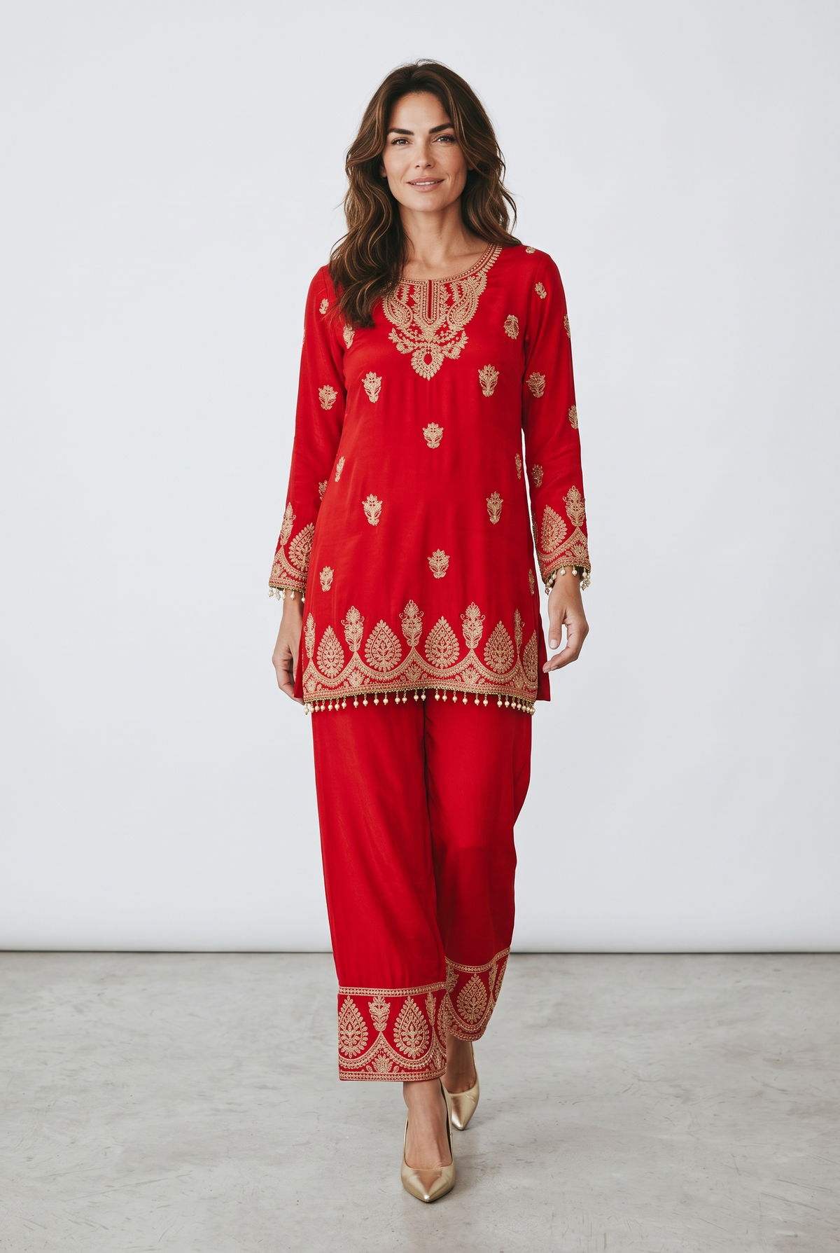 Rani Pink Embroidered Short Kurta Pant Set with Pearl Tassels & Dupatta
