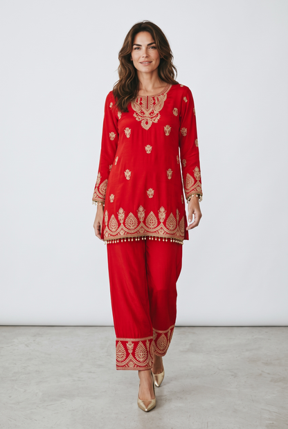 Rani Pink Embroidered Short Kurta Pant Set with Pearl Tassels & Dupatta