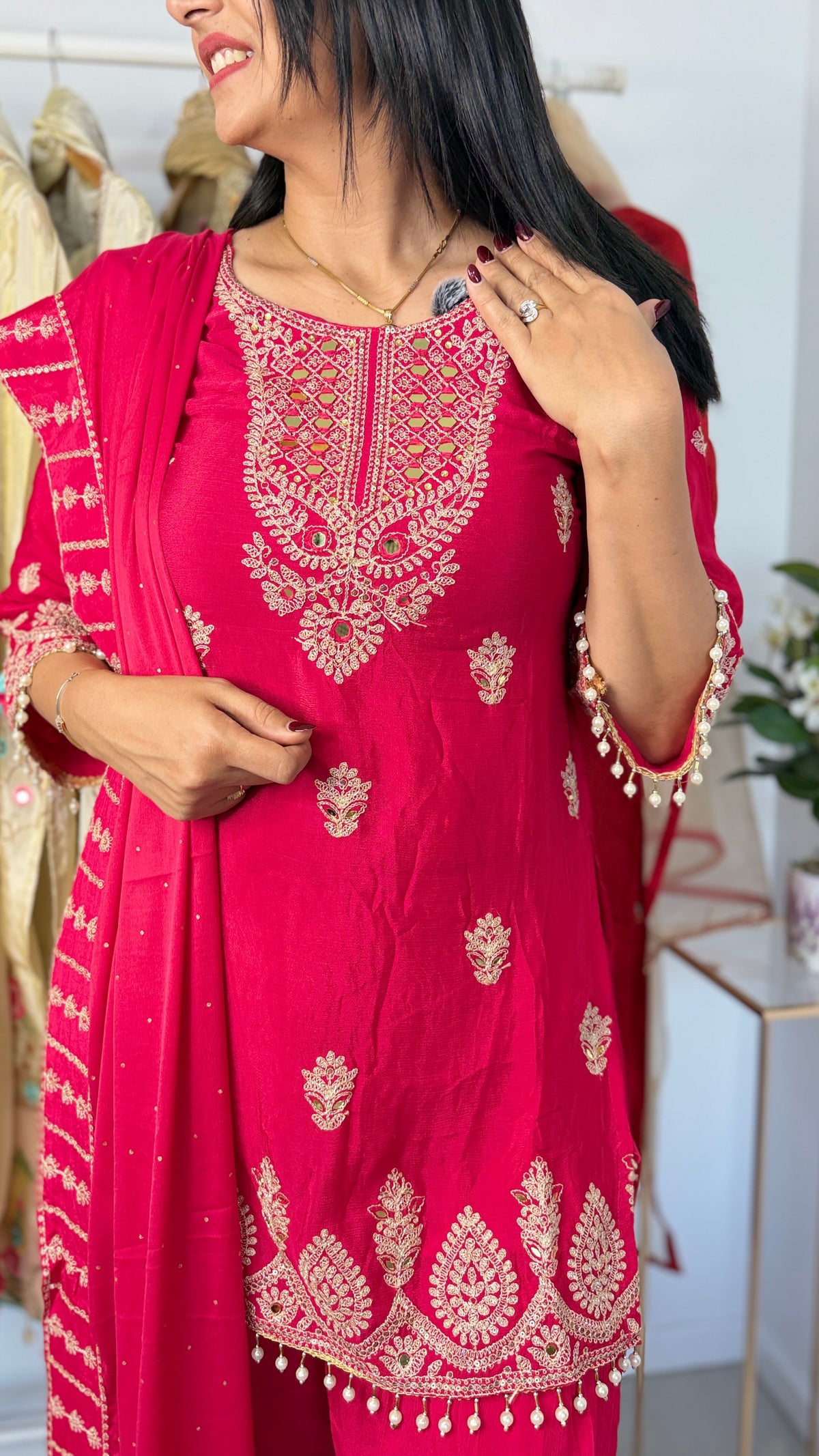 Rani Pink Embroidered Short Kurta Pant Set with Pearl Tassels & Dupatta