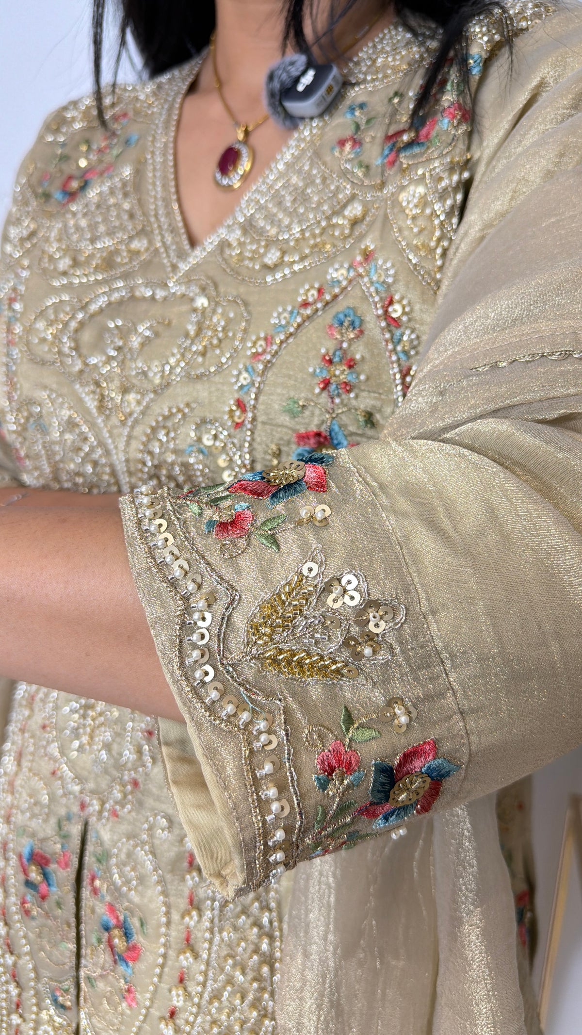 Shimmer in Gold – Hand-Embroidered Tissue Silk Plazo Set