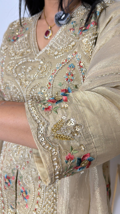 Shimmer in Gold – Hand-Embroidered Tissue Silk Plazo Set