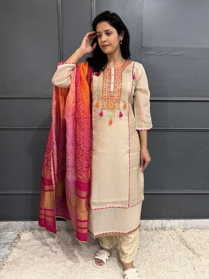 Festive Radiance – Embroidered Tissue Silk Kurta Set with Bandhani Dupatta Set