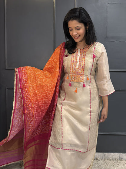 Festive Radiance – Embroidered Tissue Silk Kurta Set with Bandhani Dupatta Set