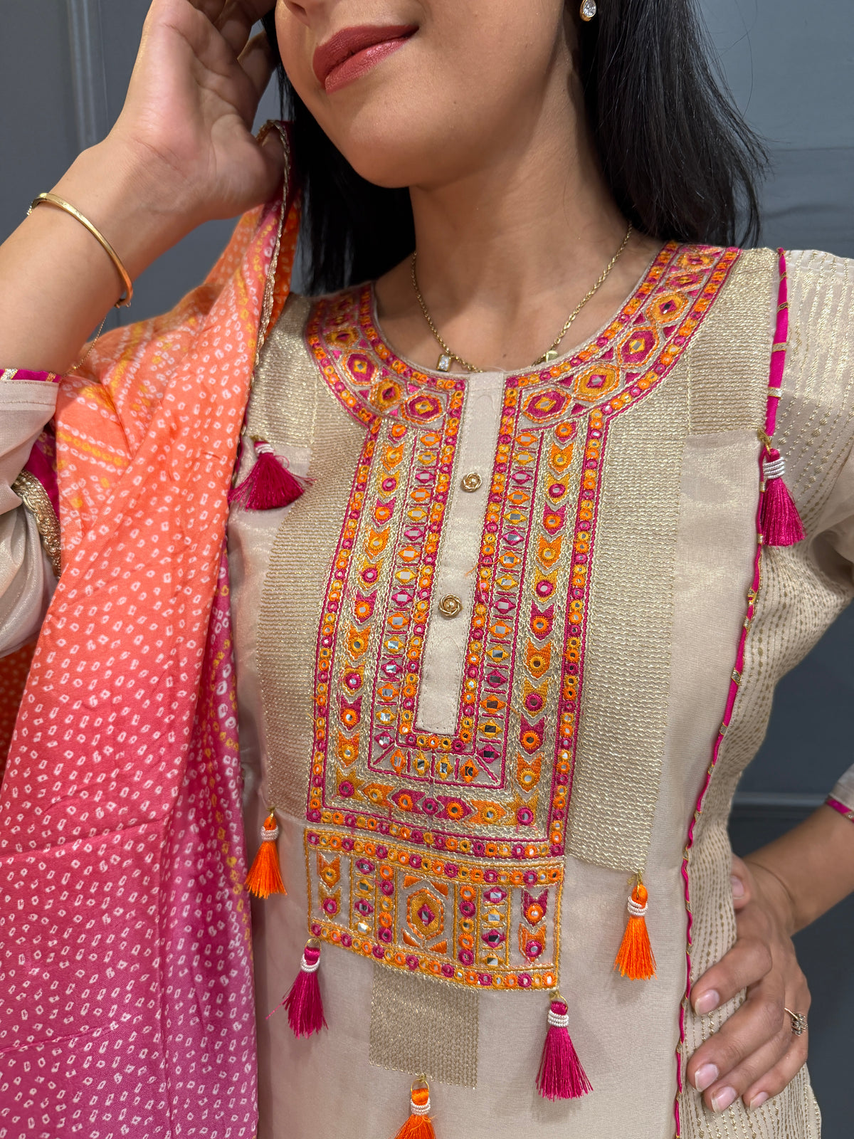 Festive Radiance – Embroidered Tissue Silk Kurta Set with Bandhani Dupatta Set