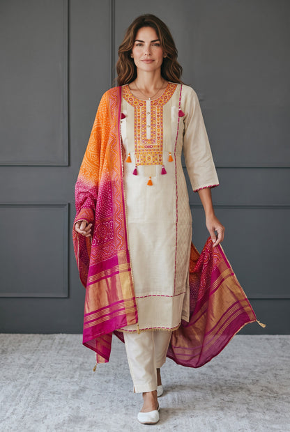 Festive Radiance – Embroidered Tissue Silk Kurta Set with Bandhani Dupatta Set