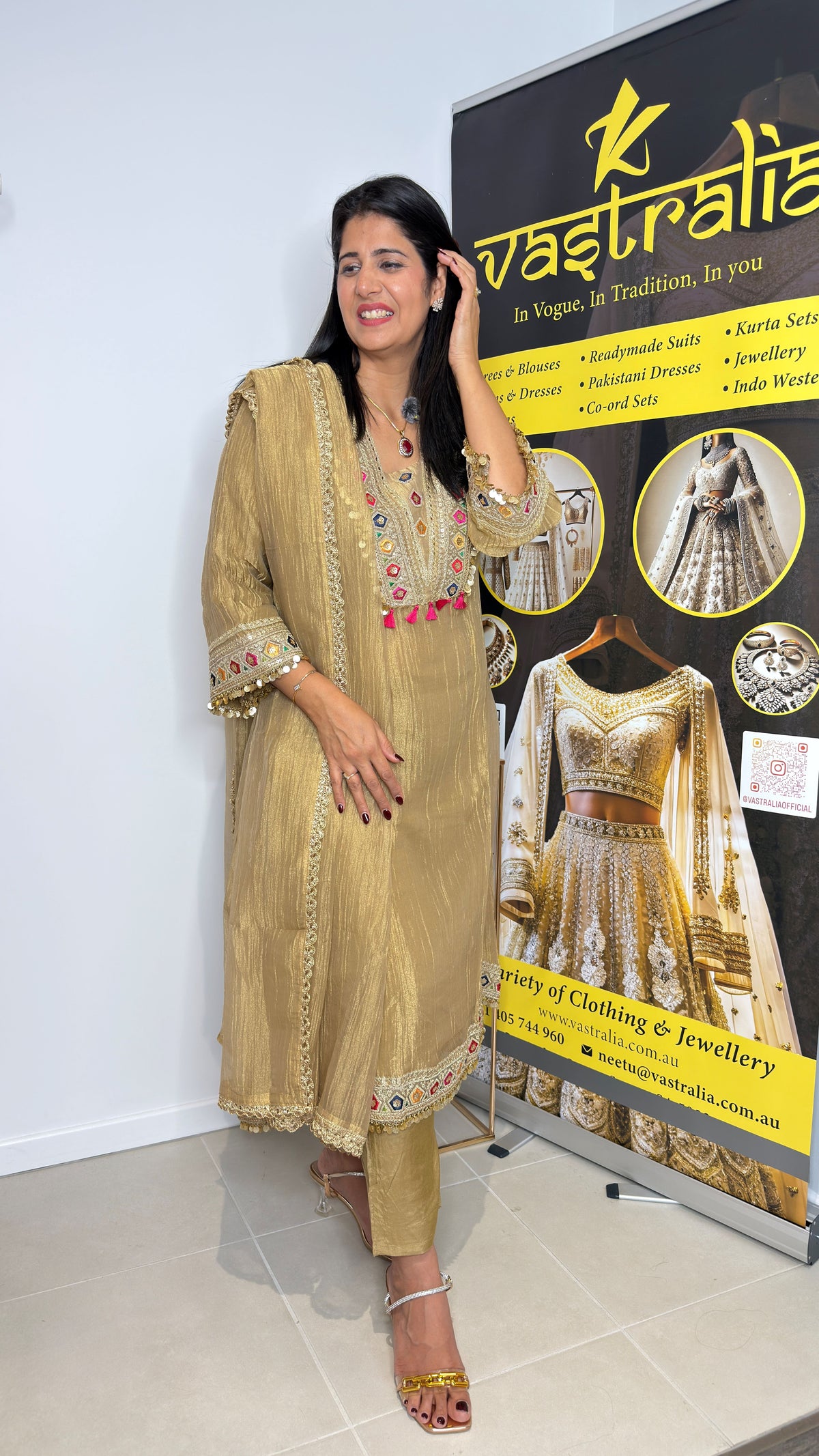 Antique Gold Metallic Tissue Kurta Pant Set with Coin Tassels & Dupatta