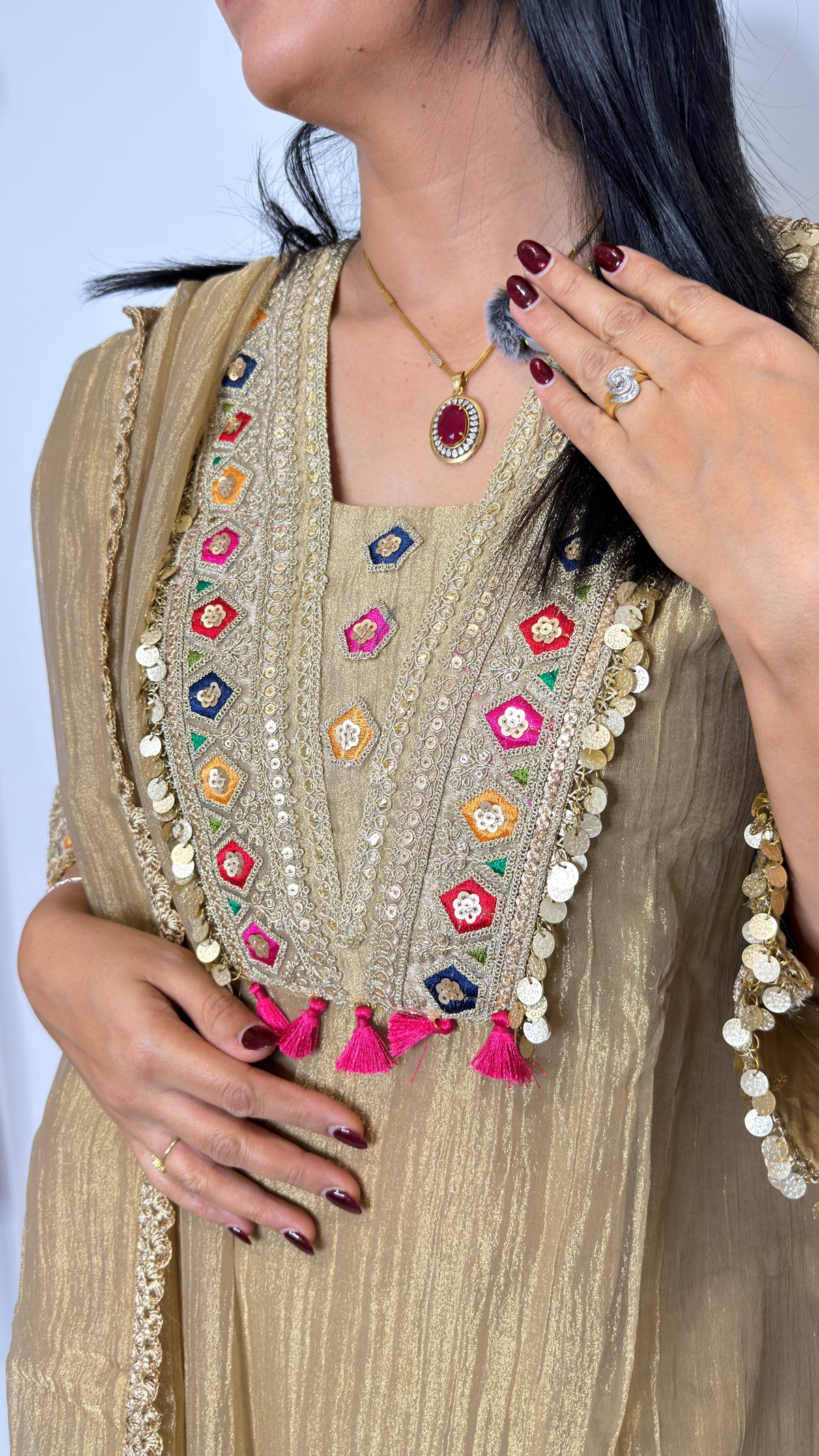 Antique Gold Metallic Tissue Kurta Pant Set with Coin Tassels & Dupatta