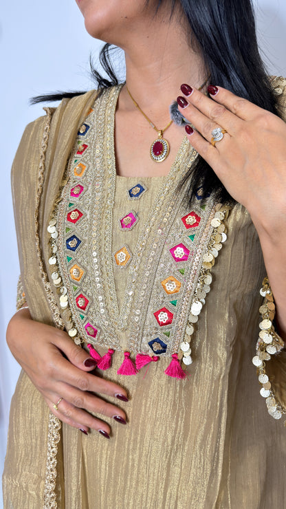 Antique Gold Metallic Tissue Kurta Pant Set with Coin Tassels & Dupatta