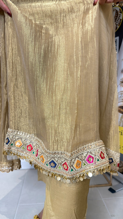 Antique Gold Metallic Tissue Kurta Pant Set with Coin Tassels & Dupatta