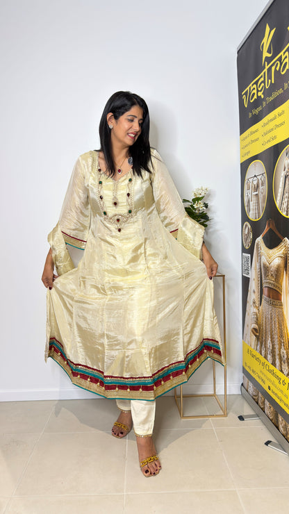 Pale Gold Shimmer Tissue Anarkali Suit Set with Stone Work & Dupatta