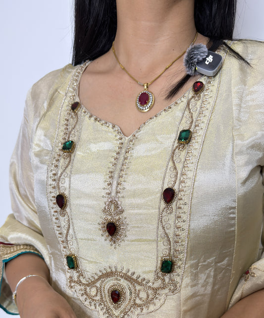 Pale Gold Shimmer Tissue Anarkali Suit Set with Stone Work & Dupatta