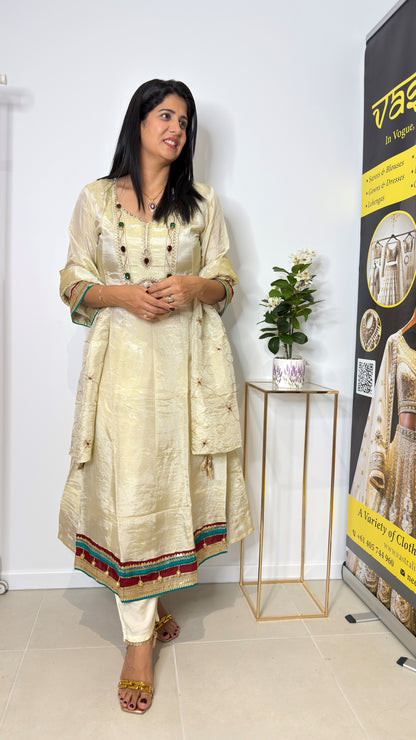 Pale Gold Shimmer Tissue Anarkali Suit Set with Stone Work & Dupatta