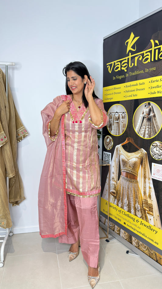 Dusty Pink Zari Striped Tissue Kurta Palazzo Set with Coin Tassels & Dupatta