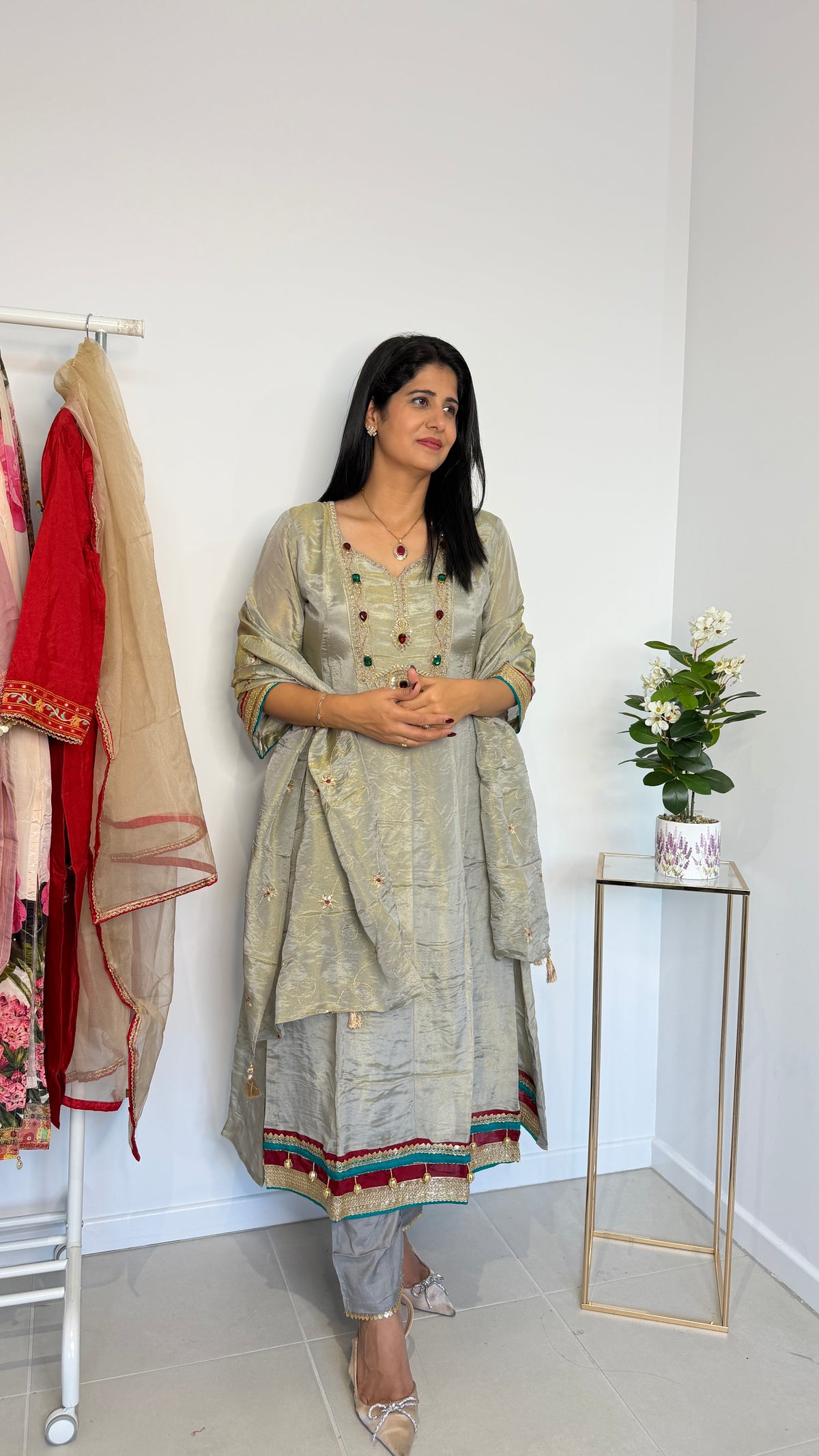 Silver Grey Shimmer Tissue Anarkali Suit Set with Stone Work & Dupatta