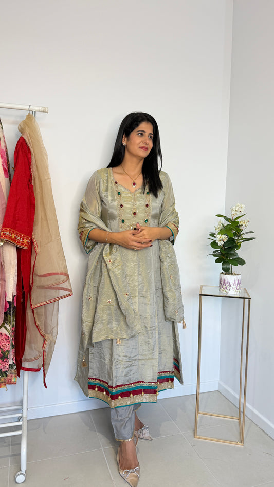 Silver Grey Shimmer Tissue Anarkali Suit Set with Stone Work & Dupatta