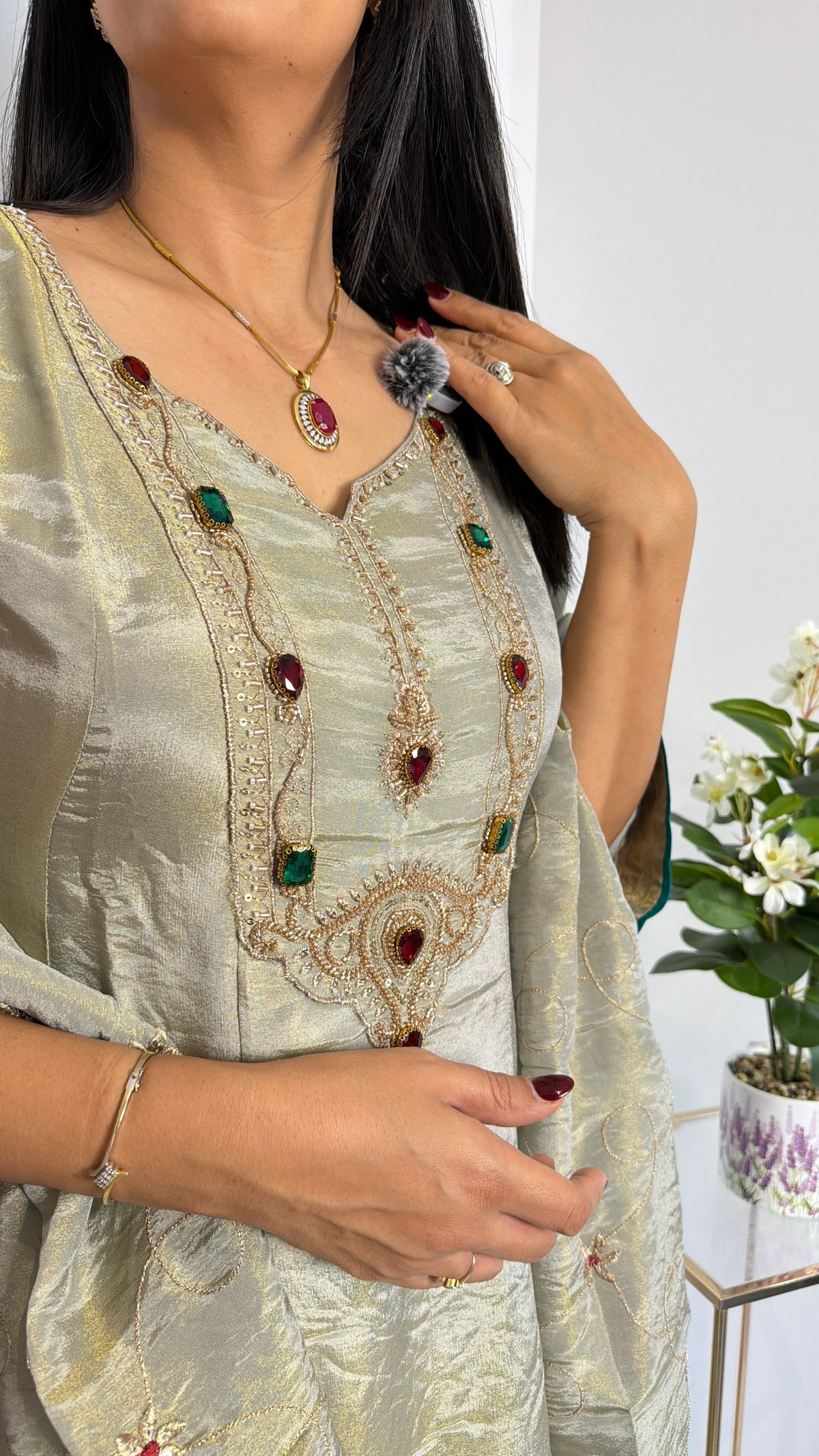 Silver Grey Shimmer Tissue Anarkali Suit Set with Stone Work & Dupatta