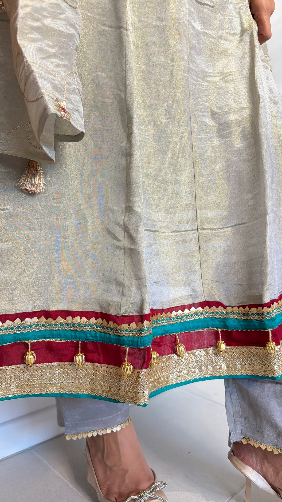 Silver Grey Shimmer Tissue Anarkali Suit Set with Stone Work & Dupatta