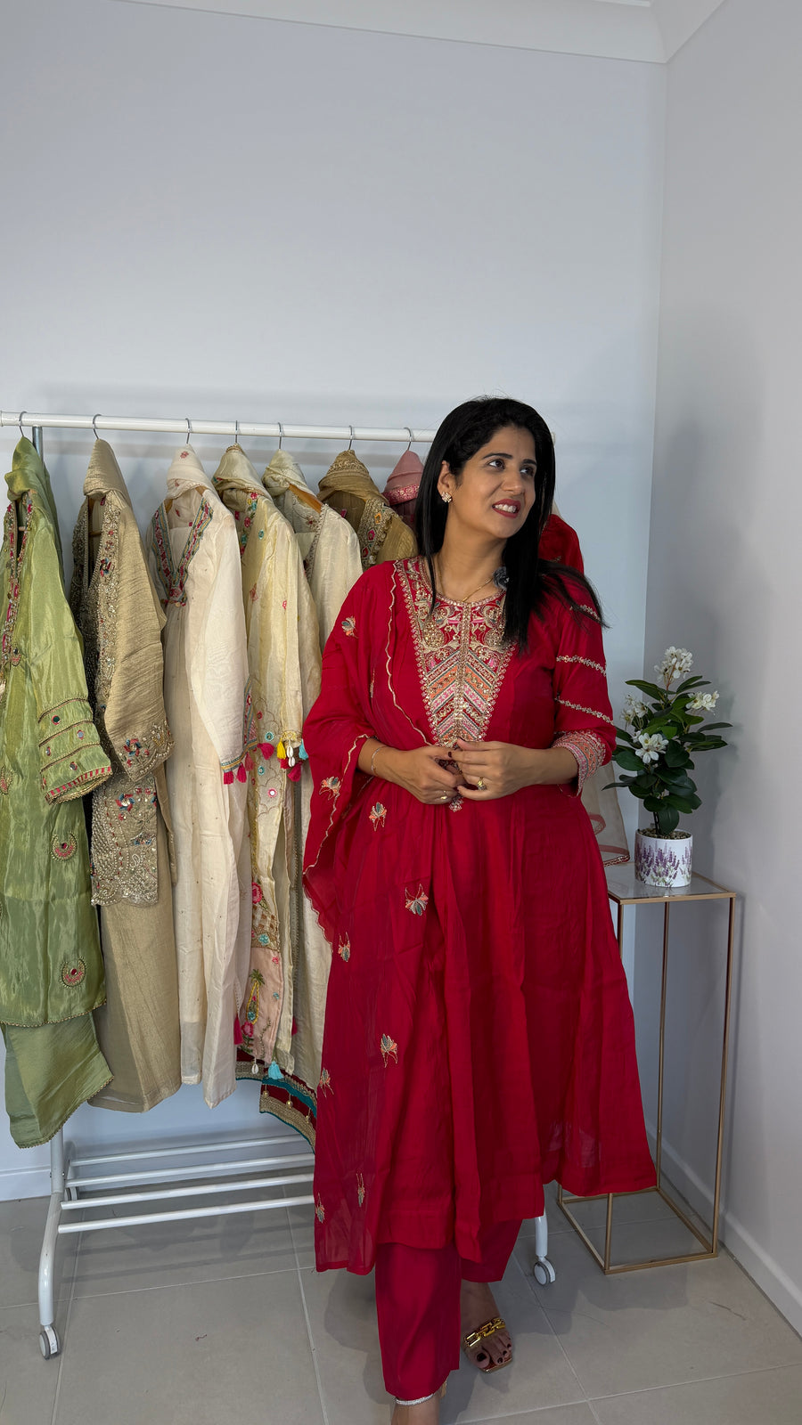 Crimson Red Silk Anarkali Suit Set with Multi-Color Yoke Embroidery & Dupatta