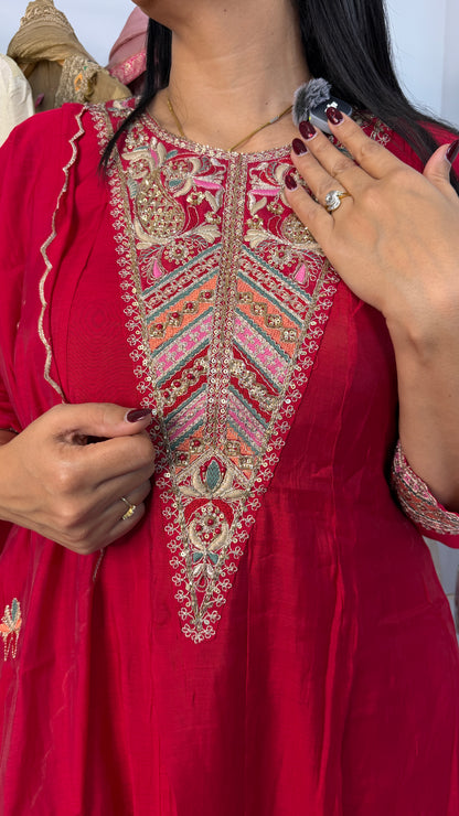 Crimson Red Silk Anarkali Suit Set with Multi-Color Yoke Embroidery & Dupatta