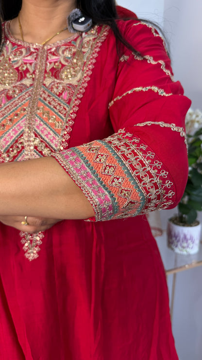 Crimson Red Silk Anarkali Suit Set with Multi-Color Yoke Embroidery & Dupatta