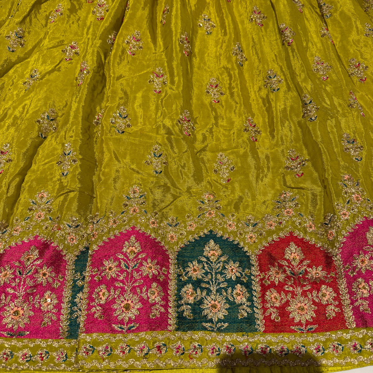 Olive Green Embroidered Silk Anarkali Suit Set with Multi-Color Arch Hem & Dupatta