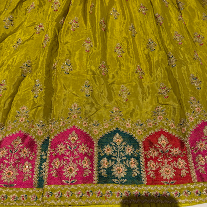 Olive Green Embroidered Silk Anarkali Suit Set with Multi-Color Arch Hem & Dupatta