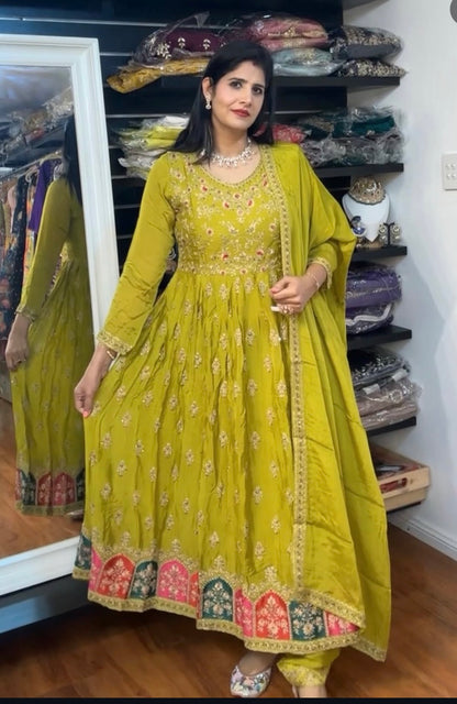 Olive Green Embroidered Silk Anarkali Suit Set with Multi-Color Arch Hem & Dupatta