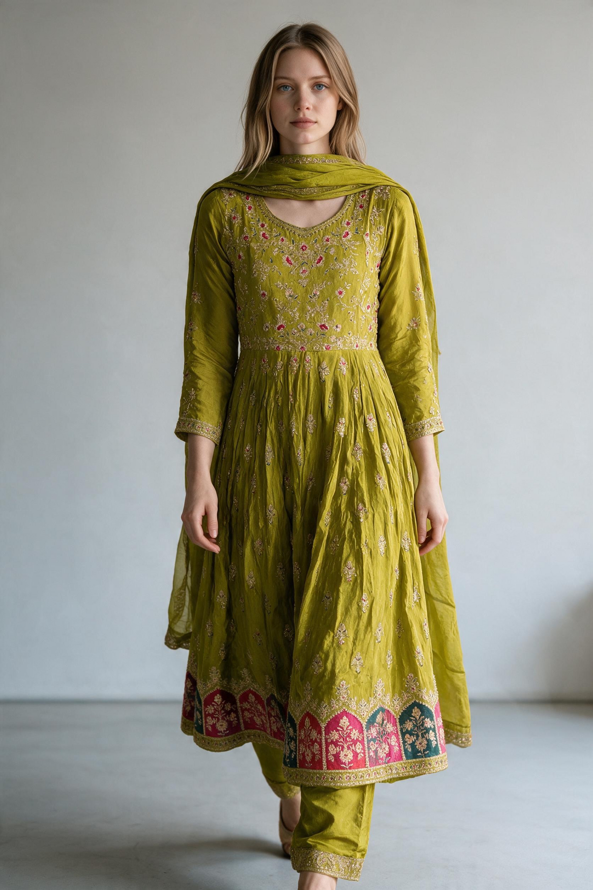 Olive Green Embroidered Silk Anarkali Suit Set with Multi-Color Arch Hem & Dupatta