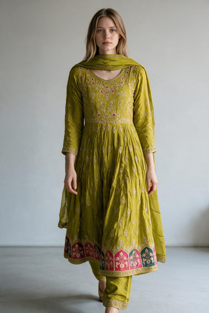 Olive Green Embroidered Silk Anarkali Suit Set with Multi-Color Arch Hem & Dupatta