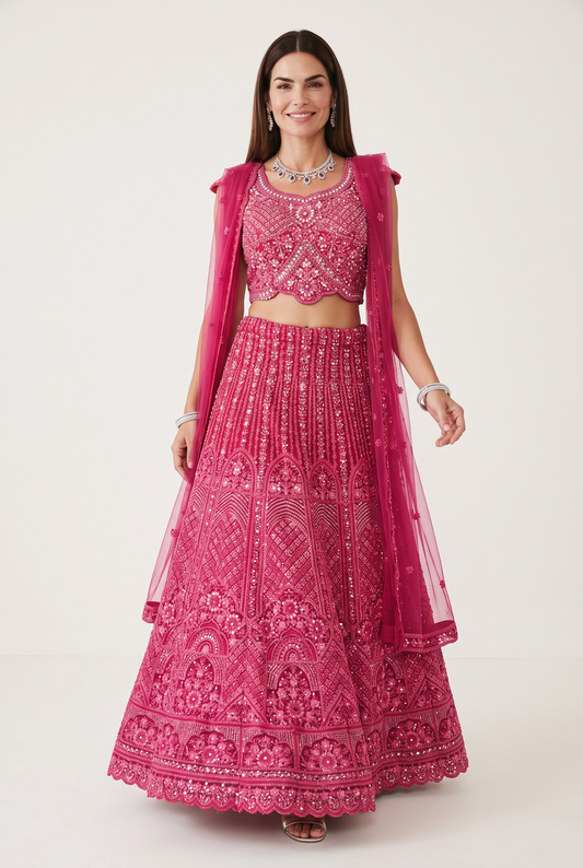 Rani Pink Georgette Heavy Chikankari & Sequined Designer Lehenga Set