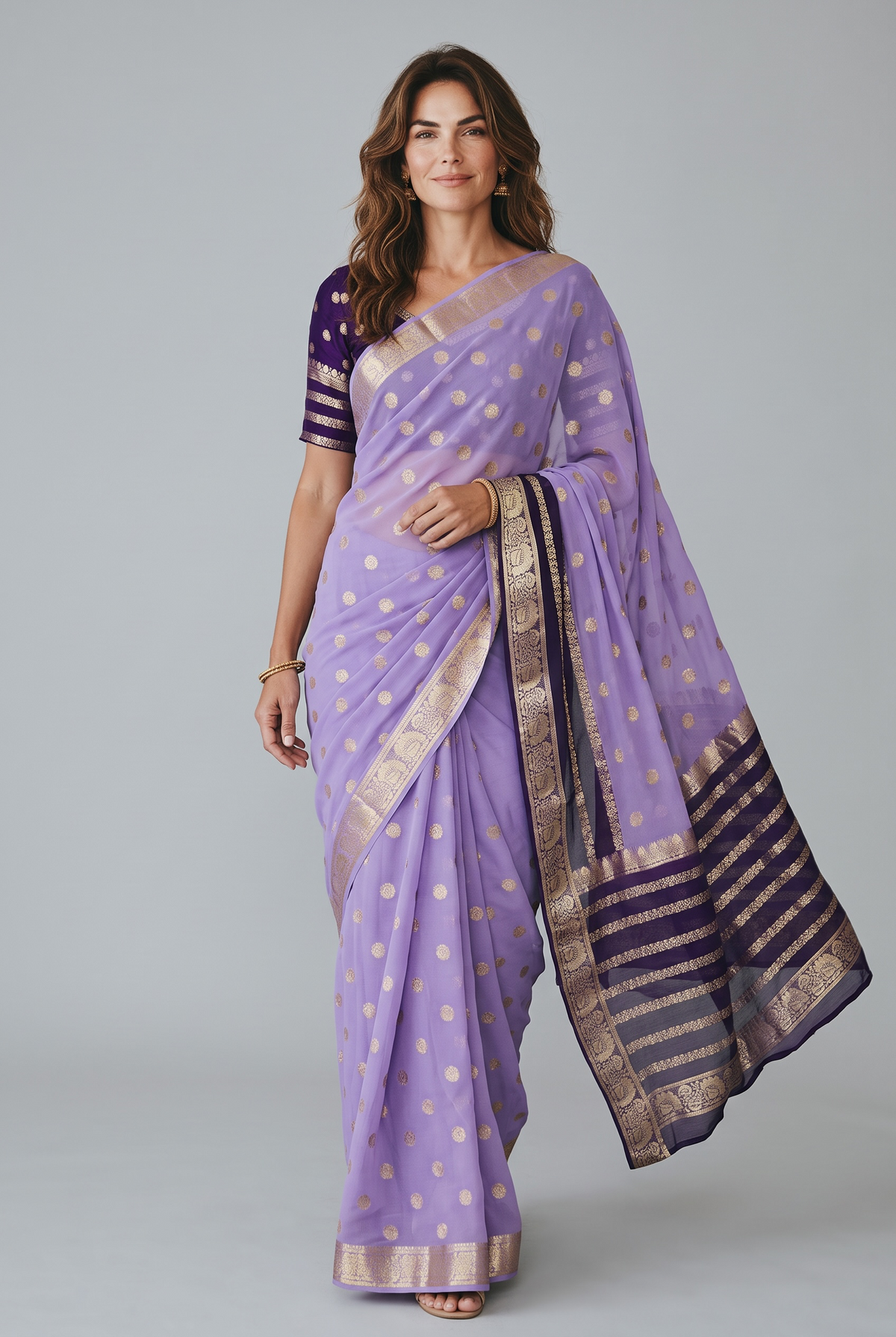 Lavender & Dark Purple Georgette Banarasi Saree with Stitched Blouse