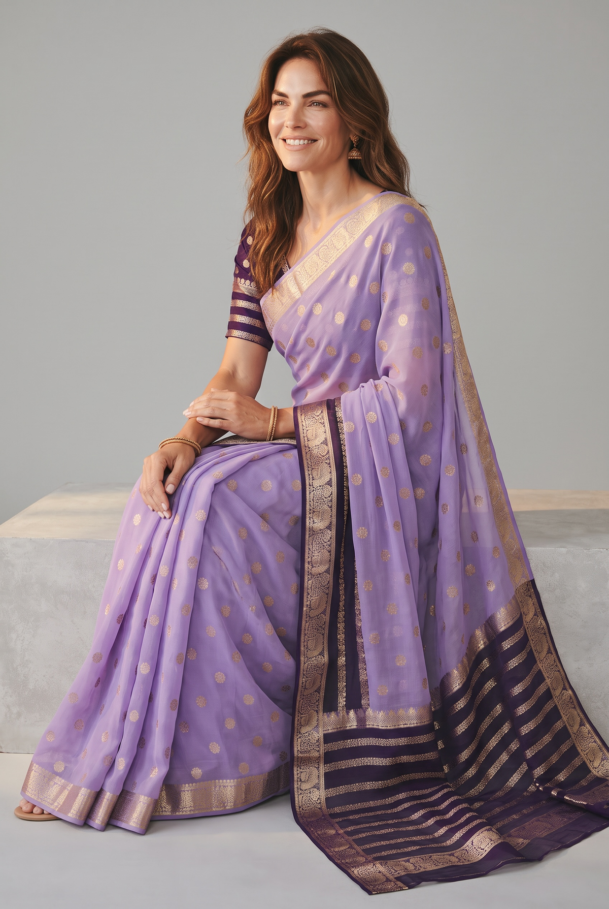 Lavender & Dark Purple Georgette Banarasi Saree with Stitched Blouse