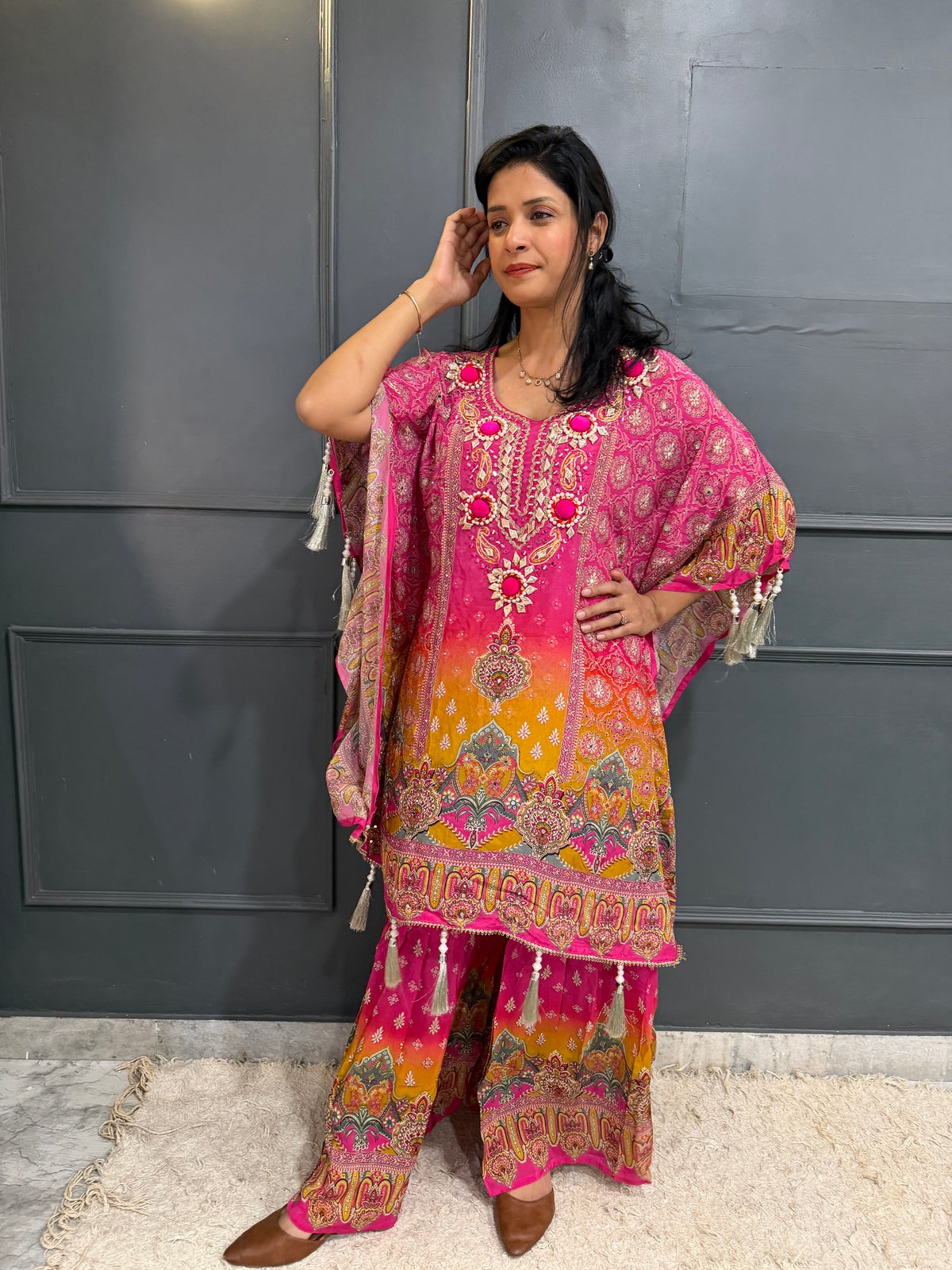 Festive Bloom – Embroidered Crepe Kaftan Style Kameez with Sharara Set